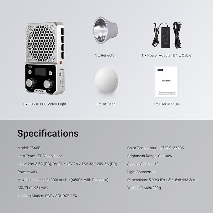 NEEWER 60W Compact Pocket Bi Color LED Light with APP & Panel Control, COB Continuous Output Lighting with 2700K-6500K/CRI96+, Portable for Professional Studio Photography Video Recording, FS60B