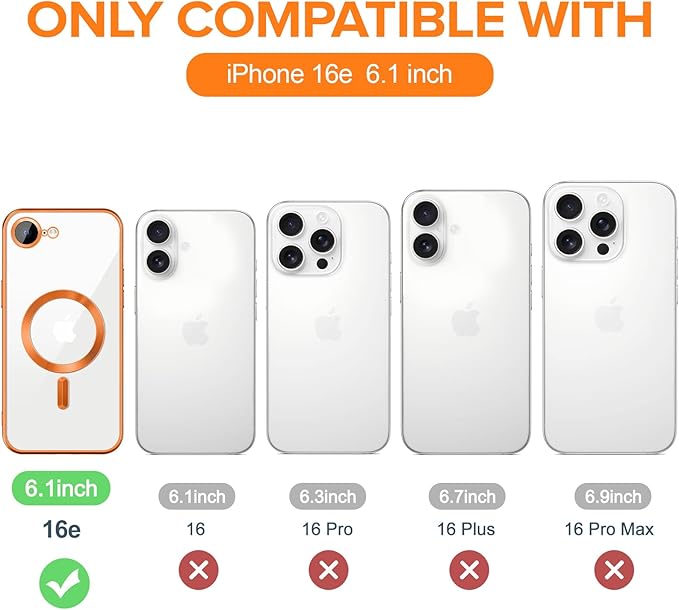 Hython Magnetic Clear for iPhone 16e Case with Camera Lens Protector [Compatible with MagSafe] Luxury Plating Edge Slim Soft TPU Cover Protective Phone Case for iPhone 16e 6.1", Matte Orange