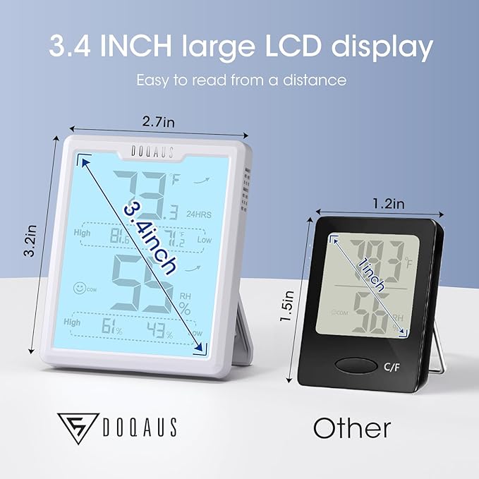 DOQAUS Digital Hygrometer Room Thermometer Indoor, Humidity Meter with Large LCD Display, Backlight Temperature Humidity Monitor with Max Min Records, White