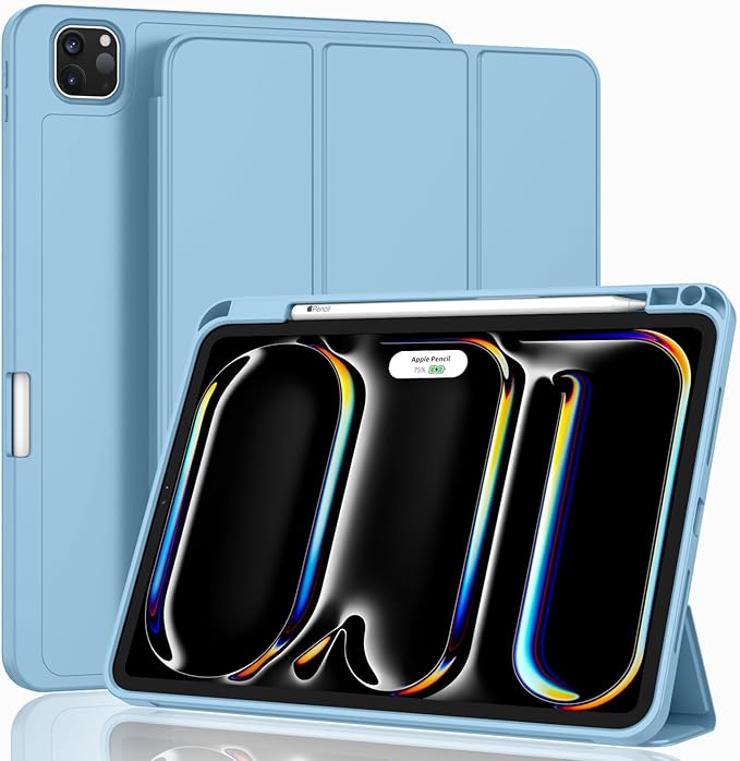 ZryXal New iPad Pro 13 Inch Case (M5) 2025 / (M4) 2024 with Pencil Holder, Smart iPad Case [Support Pencil Pro and Pencil (USB-C)], Support Touch ID and Auto Wake/Sleep (Azure Blue)
