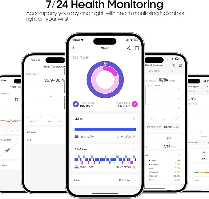 Advanced Health Smartwatch for Women Men with Real-Time Monitoring of Heart Rate, Sleep Quality and Stress Levels, Always-On Display，Bright Flashlight (Black)
