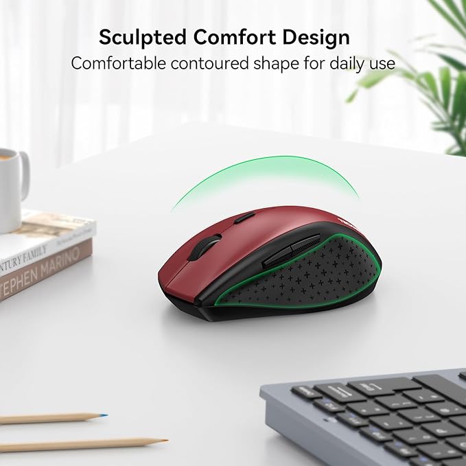 TECKNET Wireless Mouse, 2.4G USB Computer Mouse with 6-Level Adjustable 4800 DPI, 30 Months Battery, Ergonomic Grips, 6 Buttons Portable for PC, Chromebook, Mac (Red)