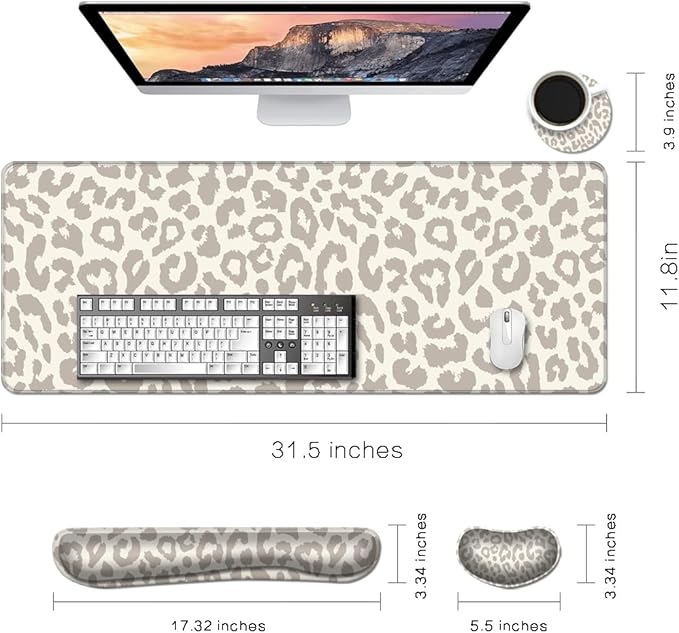MIBITRI Keyboard Mouse Pad Set, Extended Gaming Mouse Pad+Ergonomics Keyboard Wrist Rest Support, Memory Foam, Easy Typing Pain Relief, 4Pcs XXL Ultra Thick Desk Mat, Leopard Print