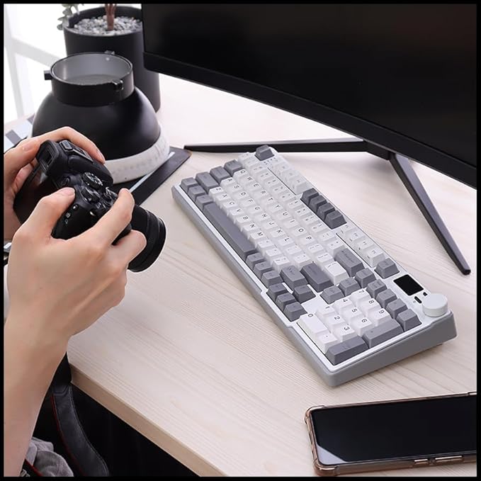 iRocks K85R Wireless RGB Backlit Mechanical Gaming Keyboard with LCD Display, Hot-Swappable Pre-lubed Brown Switches, 98 PBT Keys, USB-C Detachable Cable (ICY White, Bubble Switch)