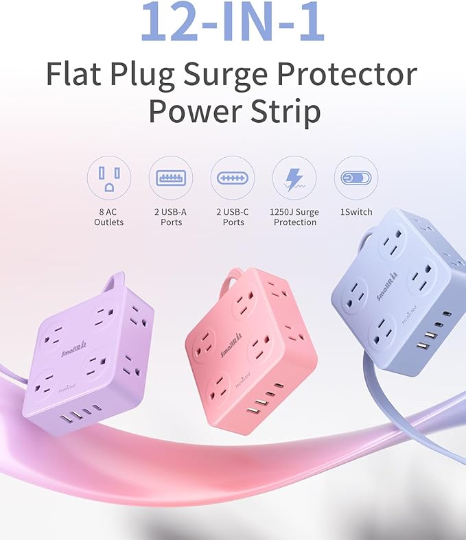 Extension Cord with Multiple Outlets, SMALLRT Surge Protector Outlet Extender, 6.5FT Flat Plug Power Strip with USB Ports, 8 Outlets, Power Strips with Surge Protection for Home Office Supplies, Blue