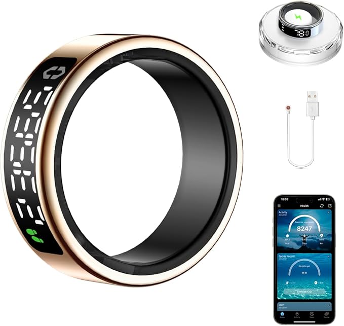 Smart Health Ring with Screen,for Women Men Fitness Tracker with Heart Rate, Blood Oxygen, HRV, Sleep Monitoring, Step Counting, IP68 for iPhone and Android, No Subscription Fee (Gold, 10#)