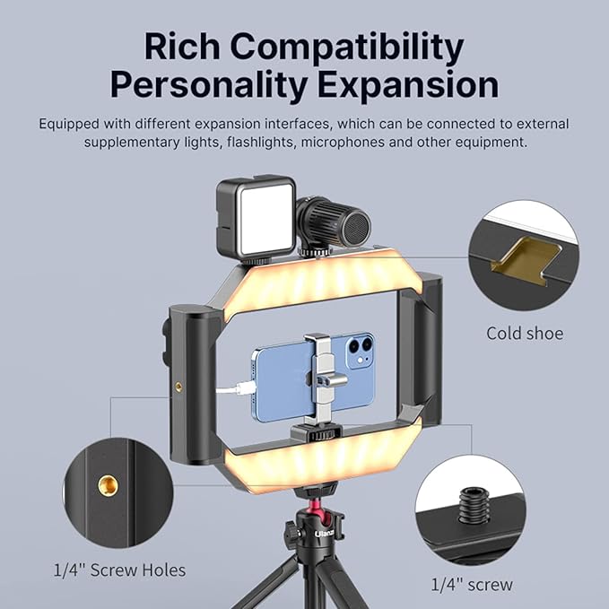 ULANZI Smartphone Video Rig w Light and Remote Control for Videomaker Filming Maker Video grapher, U-Rig Light Handheld Square Ring Light Phone Video Making Stabilizer Grip Cage w Cold Shoe Mount