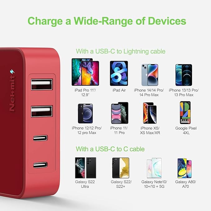 Nekmit USB C Charger, 52W 4-Port Thin Flat Fast Wall Charger Type-C Charging Station with Two 20W PD 3.0 and 2 USB Ports for iPhone 14/14 Pro/14 Pro Max, iPad Pro, Android and More