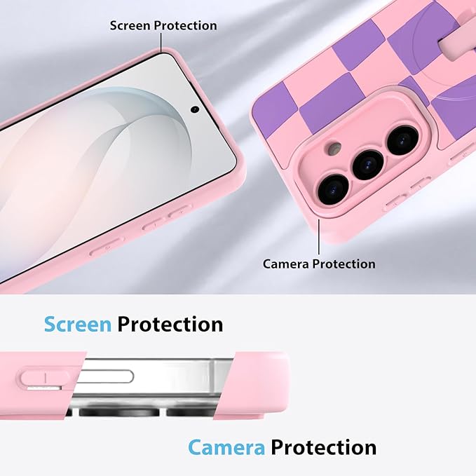 KANGHAR Compatible with Samsung Galaxy S26 Case, Support for MagSafe, Silicone Checkered Cute Pattern, Wristband Kickstand Camera Protection Soft Slim Cover for Girls Women -Pink