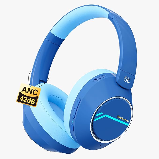 Steellumen Nova1Pro Active Noise Cancelling Headphones for Kids, 3-Level Safe Volume 75/85/94dB, ANC Safe Wireless Listen, Fast Charging, Bluetooth 5.4 with Mic, boy Girl for School, Travel & Airplane