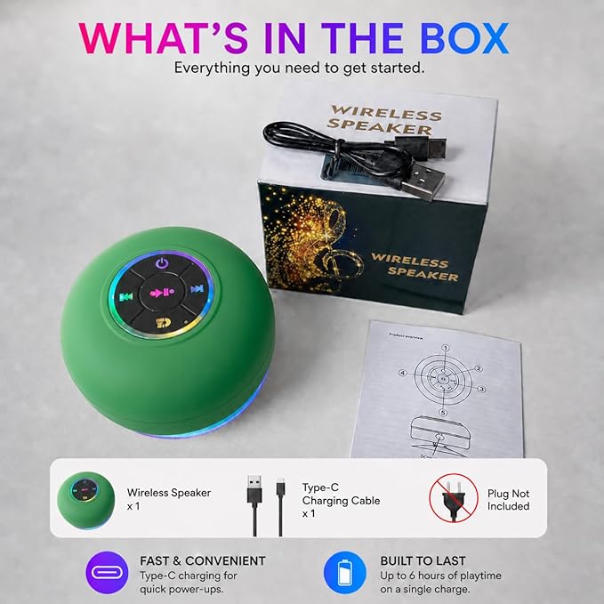 Bluetooth Shower Speaker with LED – Portable Wireless Mini Speaker with Mic & Suction Cup, IPX4 Water Resistant for Shower, Travel, Pool, River Floating, and Outdoor Fun (Green)