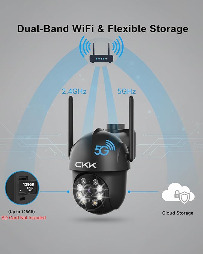 CKK 2K Security Camera Outdoor Corded Power, 4 Pcs 3MP PTZ WiFi Home Security Camera - 2.4G/5G Dual-Band, 360° Pan-Tilt, Color Night Vision, Motion Alerts, 2-Way Audio, 24/7 Recording, Waterproof