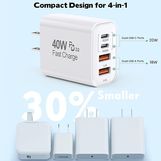 10Foot USB C-C Woven Fast Charging Cable,Apple 40W 4 Port USB C Wall Charger Block with 10FT Type C Charging Cable Cord PD&AC 40W Adapter for iPhone 17Air/17 Pro/16/16e/16 Pro Max/15/iPad Pro/Air/Mini