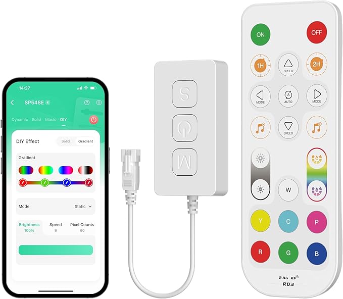 PAUTIX Wi-Fi+Bluetooth Music Pixel LED Smart Controller Kit SP548E,Compatible with Alexa/Google Assistant,App Control RF Remote Control,Addressable Color LED Strip Pixels Light DC5V-24V