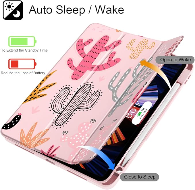 Tuiklol for iPad Pro 12.9 Inch 6th/5th/4th/3rd Generation 2022 2021 2020 2018 Case,Built-in Pencil Holder Clear Transparent Protective Back Shell Cover with Auto Sleep/Wake, Cactus