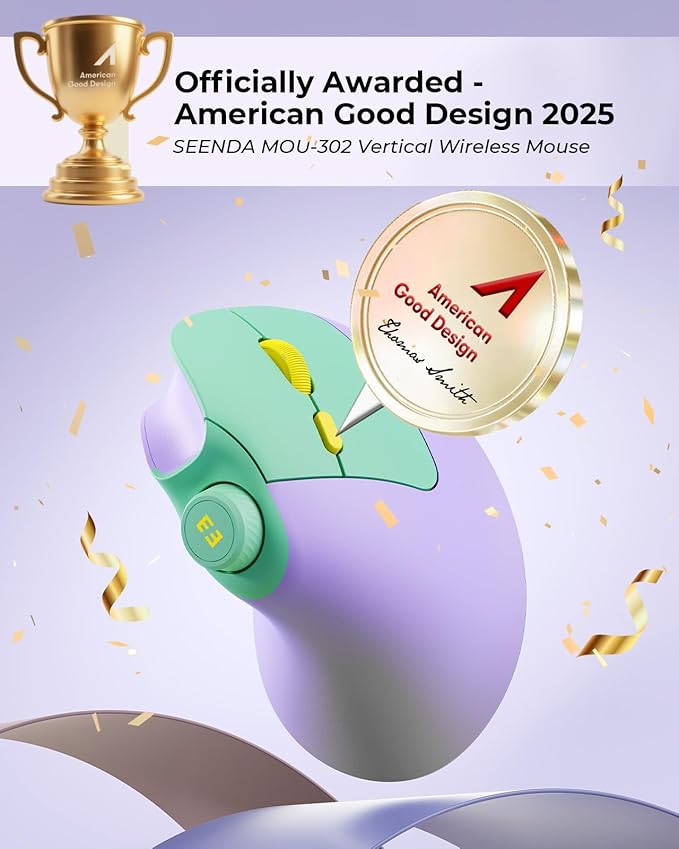 seenda Ergonomic Mouse Wireless, MOU-302 Bluetooth Vertical Mouse Rechargeable, Volume Knob, Silent Mice & 1000/1600/2400 DPI, 3 Multi-Device Connection for Windows/PC/Laptop/Mac/MacBook, Purple