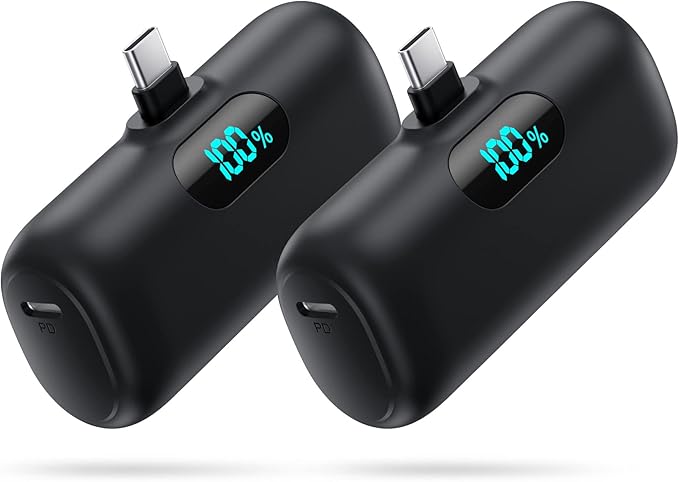 [2-Pack] Mini Portable Charger 5000mAh Power Bank,3A PD USB C Cell Phone Portable Power, LCD Display Battery Pack Compatible with iPhone 17/17 Air/16/16 pro/15/15 pro Max/Android/Samsung/Moto/LG etc