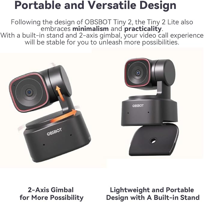 OBSBOT Tiny 2 Lite AI-Powered 4K UHD PTZ Webcam,1/2" CMOS 4X Digital Zoom, AI Auto Tracking, Auto Zoom, Gesture Control 2.0, Beauty Mode,Preset Modes,LiveStream for Game/Meeting/Online Educate