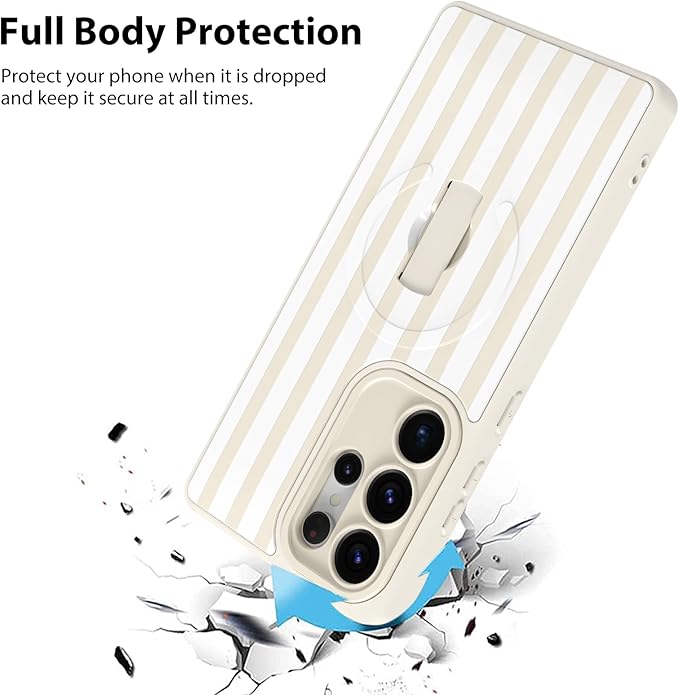 KANGHAR Compatible with Samsung Galaxy S25 Ultra Case, Support for MagSafe, Silicone Stripes Cute Pattern, Wristband Kickstand Camera Protection Soft Slim Cover for Girls Women -White