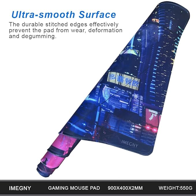 Extended Gaming Mouse Pad, Portable Mat for Keyboard & Mouse with Stitched Edges + Non-Slip Rubber Base (90x40 colorfulcity002)