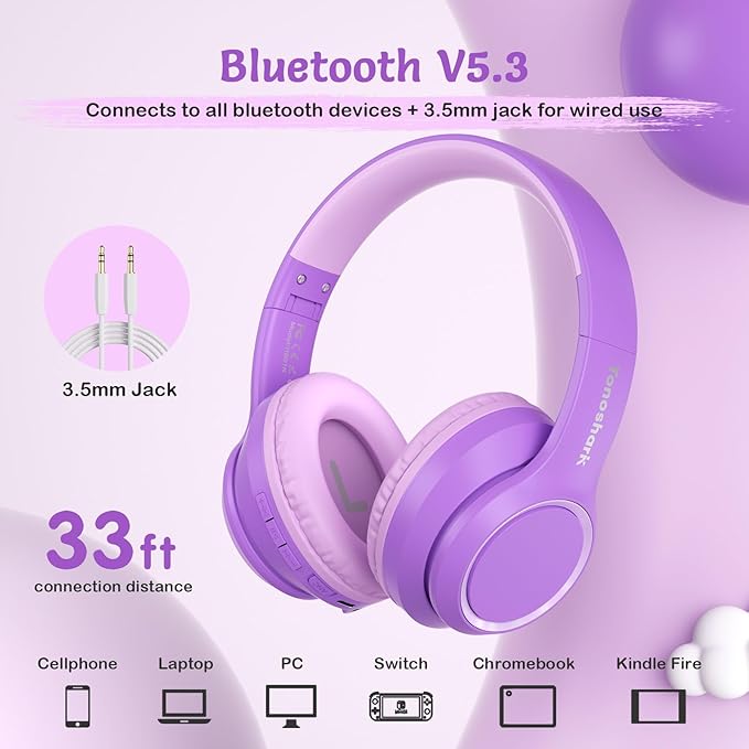 TONOSHARK Kids Bluetooth Headphones with Active Noise Cancelling, Wireless Over-Ear Headphones for Boys Girls, Foldable, Adjustable, 40H Playtime, Mic for School Travel(Purple)