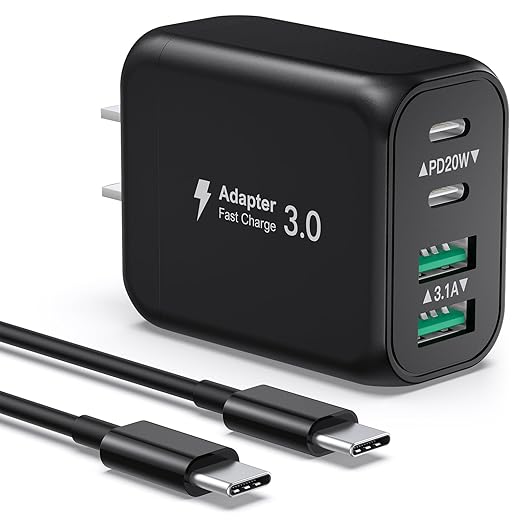USB Charger Block, 40W 4 Port Dual QC+PD3.0 Fast Charging Block, USB C Charger Block Power Adapter Wall Plug for iPhone 15/14/13/12/11/Pro Max/XS/XR/8/7, iPad, Samsung Phone, Tablet-6FT Type C Cable