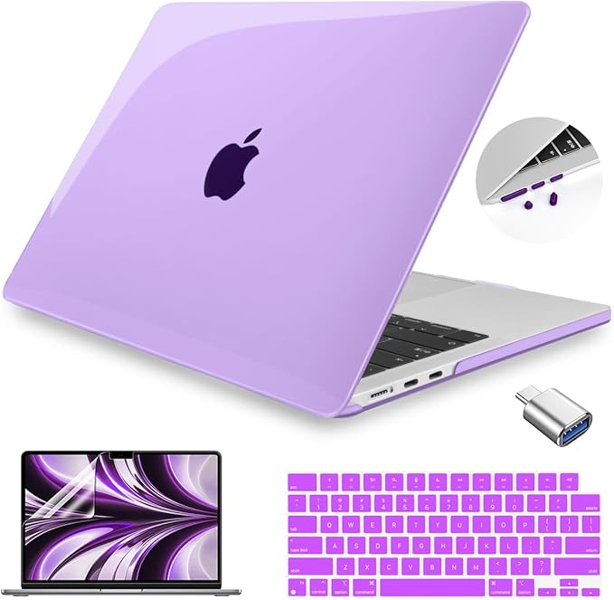 Teryeefi MacBook Air 13.6 Inch Case 2022 2024 2025 2026 Model A2681/A3113/A3240/A3449 with M2 M3 M4 M5 Chip, Hard Shell Cover with Keyboard Cover & USB 3.0 Adapter, Crystal Purple