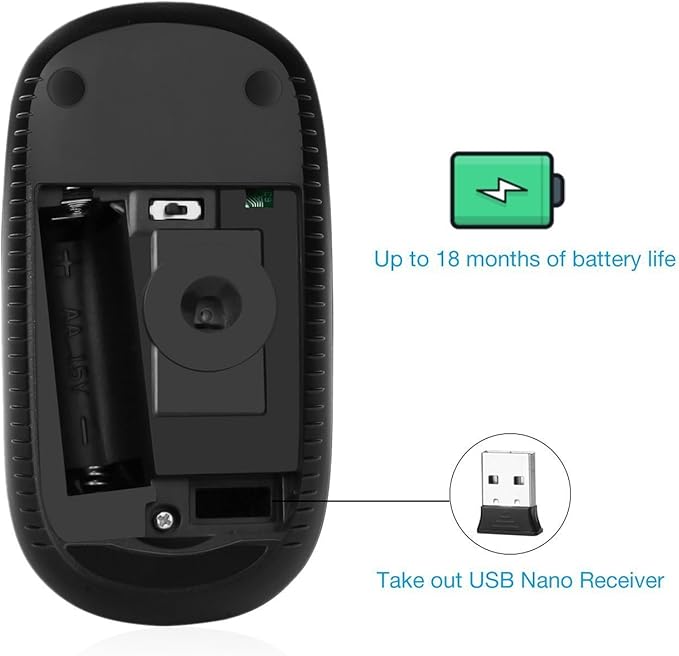 Unipows Wireless Mouse - 2.4G Slim Portable Computer Mouse with Nano Receiver, Less Noise Mobile Optical Mice for Notebook, PC, Laptop, Computer, Mac (Black and Grey)