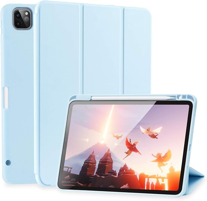Case for iPad Pro 11 Inch 4th/3rd/2nd Generation 2022/2021/2020 with Pencil Holder [Support iPad 2nd Pencil Charging] Slim Trifold Stand Smart Protective Cover, Auto Wake/Sleep(Light Blue)