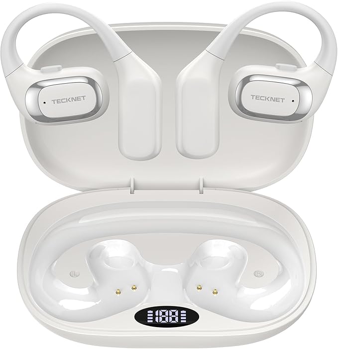TECKNET Open Ear Headphones, Over the Ear Earbuds with Bluetooth 6.0, Smart Digital Display, 40H Playtime, IPX5 Waterproof, USB-C Fast Charging, Touch Control for Travel, Cycling, Running, White