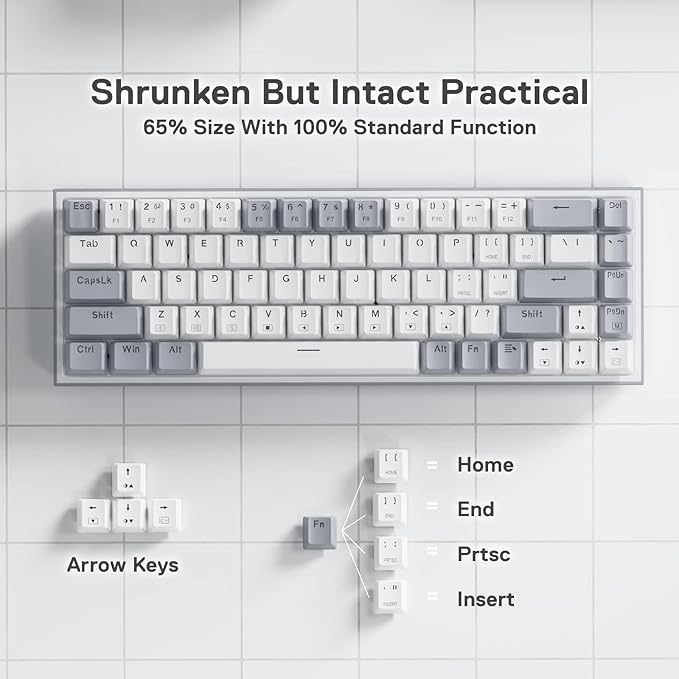 Redragon K631 Gery 65% Wired RGB Gaming Keyboard, 68 Keys Compact Mechanical Keyboard w/100% Hot-Swap Socket, Free-Mod Plate Mounted PCB & Dedicated Arrow Keys, Quiet Red Switch