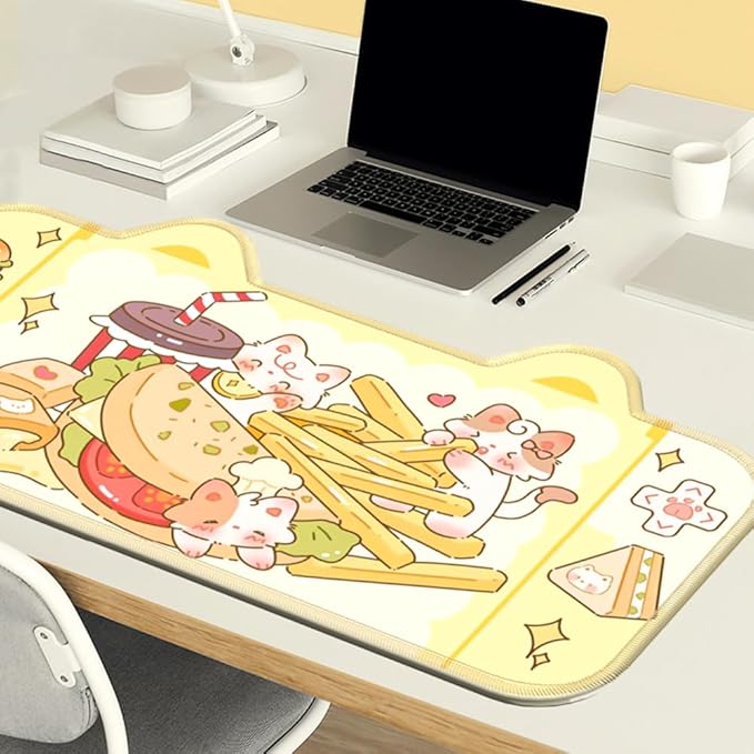 PERFECTSIGHT Cute Cat Desk Mat Kawaii Fast Food Desk Pad, Switch Large Gaming Mouse Pad, Cartoon Deskmat Mousepad, Anime Blotter Protector Laptop Keyboard Pad for Women Girls, Kitty