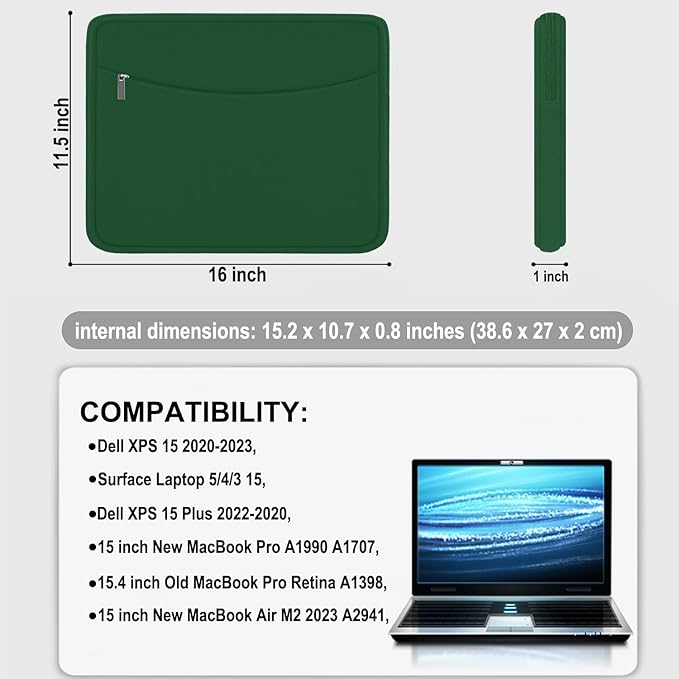 Laptop Case 15.6 inch, Shockproof Protective Laptop Cover Briefcase Carrying Computer Bag with Accessory Pocket, Portable Computer Sleeve Compatible with MacBook, HP, Dell, Lenovo, Asus, Green
