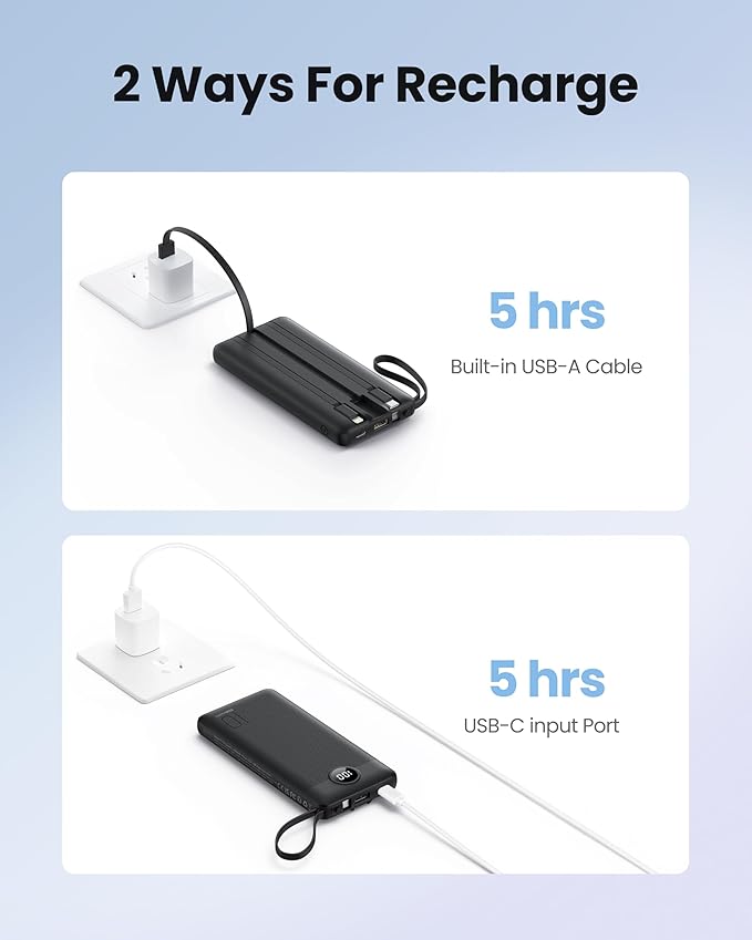 Portable Charger with Built-in Cables, Slim 10000mAh Power Bank with USB C, Travel Essentials External Battery Pack 5 Outputs 2 Inputs LED Display Compatible with iPhone/Android & More(Black)