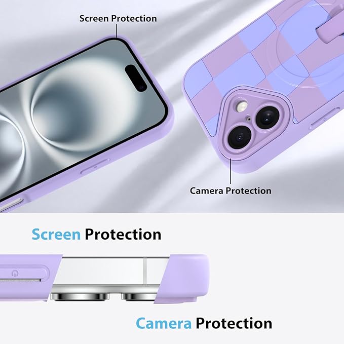 KANGHAR Compatible with iPhone 16 Case, Support for MagSafe, Silicone Checkered Cute Pattern, Wristband Kickstand Camera Protection Soft Slim Cover for Girls Women -Purple