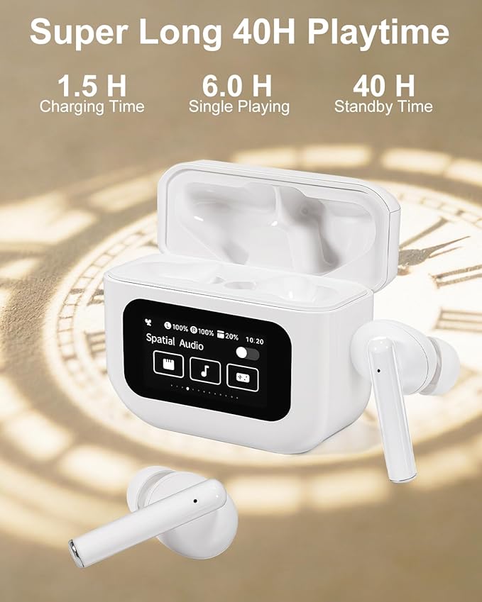 Bluetooth Earbuds with LED Touchsceen, IPX7 Waterproof Wireless Earphones, Hi-Fi Stereo & 68H Playtime, ANC ENC Noise Cancelling, for Work/Running/Trave (White)
