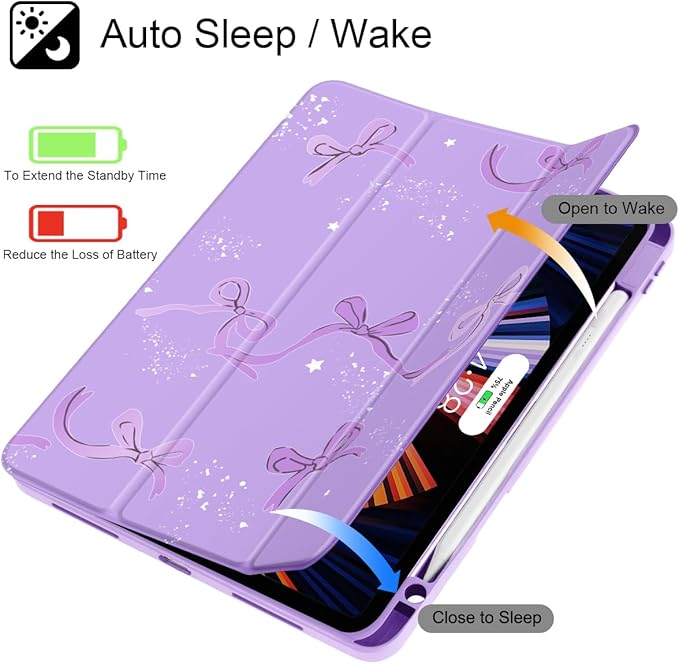 Tuiklol for iPad Pro 12.9 Inch 6th/5th/4th/3rd Generation 2022 2021 2020 2018 Case,Built-in Pencil Holder Clear Transparent Protective Back Shell Cover with Auto Sleep/Wake, Bow-Purple