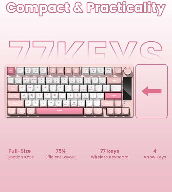 Womier DK75 75% Wireless Gaming Keyboard, RGB Backlit Creamy Keyboard with Multifunction Knob & Screen, Tri-Mode 2.4GHz/USB-C/BT5.0, Anti-Ghosting No-Conflict Silent Membrane Keyboard for MAC Windows