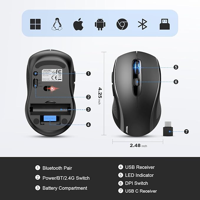 TECKNET Bluetooth Mouse, 4000DPI Wireless Mice for Laptop 2-in-1(BT 5.0/3.0+2.4Ghz) Computer Portable PC Mouse Wireless with USB Receiver for Mac (USB-A/C+Bluetooth, Black)