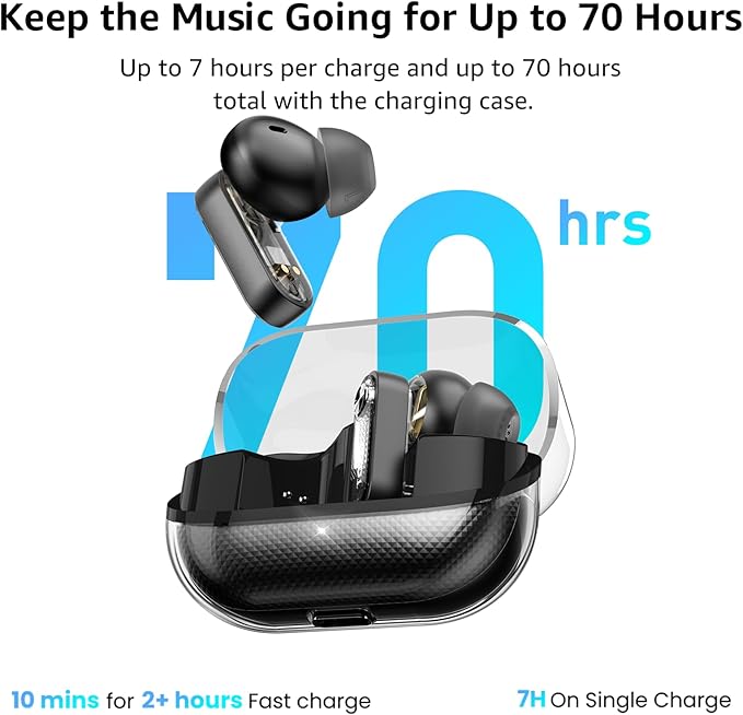 TOZO Crystal Pods Hybrid Active Noise Cancelling Wireless Earbuds, 10mm Drivers Deep Bass, 4 Mics Smart ENC AI Calls, Real-Time AI Translation, 32 EQ via App, Bluetooth 5.4, Crystal Design