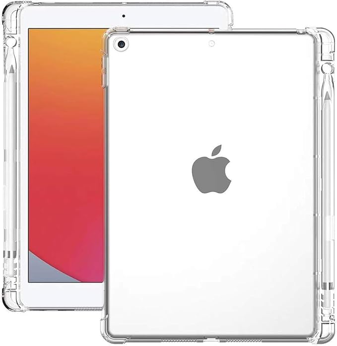 Clear Case for iPad 10.2 inch (2021/2020/2019), iPad 9th/8th/7th Generation Cover with Pencil Holder Lightweight Thin Crystal Transparent Shockproof Soft TPU Back Protective Shell, Clear