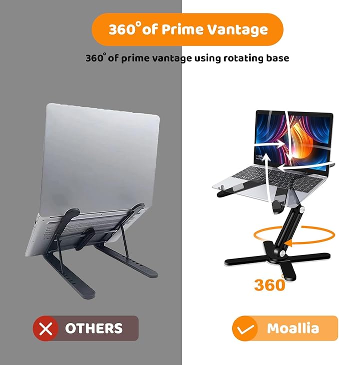 Moallia Laptop Stand with 360 Rotating Base, Computer Notebook Laptop Riser Metal Holder for Desk Collaborative Work, Fully Foldable for Easy Storage, Fits All MacBook, Laptops up to 16 inches, Black