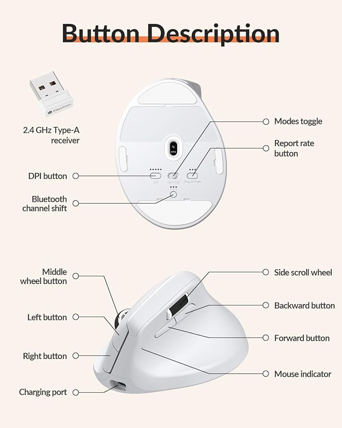 Keychron M5 8K Vertical Ergonomic Mouse Wireless, 2.4 GHz/Bluetooth 5.3/Wired Computer Mice Rechargeable, 5 Levels Up to 30K DPI with Programmable Buttons for Laptop macOS/Windows - White