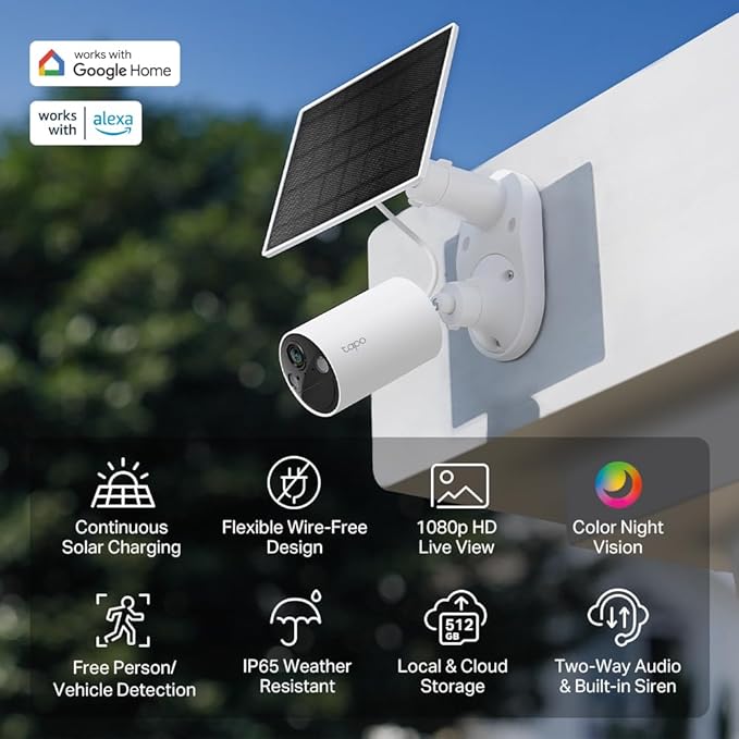 Tapo SolarCam 1080p Security Camera Wireless Outdoor- Battery Power with Solar, Person Detection, Subscription-Free Local Storage or Optional Cloud, Works with Alexa & Google Assistant, C402 KIT