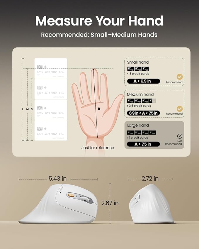 ProtoArc Ergonomic Mouse, EM11 NL Bluetooth Rechargeable Wireless Vertical Mouse, 3 Multi-Device Connectivity for Computer/PC/Laptop, 2.4GHz USB-A Optical Mice for Windows, Mac OS, White