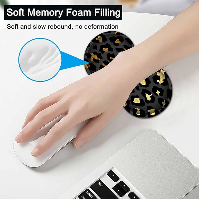 Large Gaming Mouse Pad,31.5x11.8 in Extended Computer Mouse Mat with Non-Slip PU Base, Ergonomic Memory Foam Keyboard Wrist Rest,for Work Gaming,Writing Pad Gold & Black Leopard Office Desk Pad