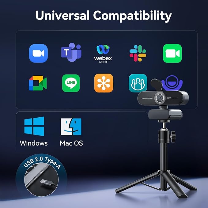 EMEET C60E 4K Webcam with Tripod, Streaming Camera with PDAF Autofocus, Dual Microphones, Auto Light Correction, 73° FOV, Plug & Play USB Webcam for Live Streaming, Gaming & Real-Time Interaction