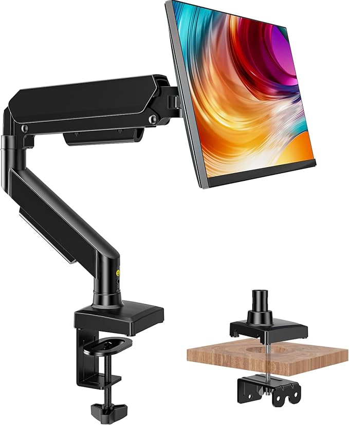Hemudu Single Monitor Mount, Gas Spring Arm for 17-32 inch Screens Adjustable Monitor Stand, Vesa Mount Stand with Clamp and Grommet Aluminum Base - Fits 4.4 to 22lbs LCD Computer Monitors HD09B-001