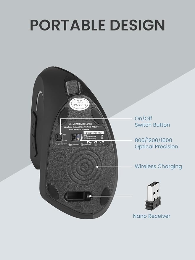 Perixx PERIMICE-713LRX - Left Handed Cordless Rechargeable Vertical Mouse - Duo Wired and Wireless Charging Feature - Included Wireless Charger - Left Handed