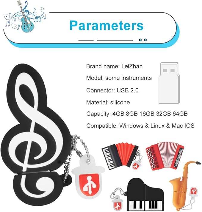 5 x 8GB Cute Music USB Flash Drive, Accordion*2/Saxophone/Piano/Notes Shape Musical Instruments Thumb Drive Memory Stick Drive Pendrive Gift for Kids, Teacher, Friends